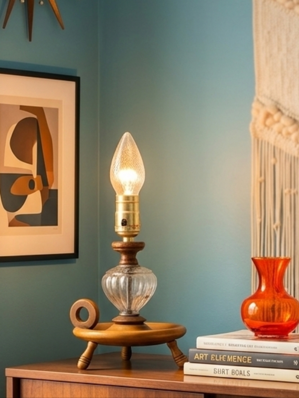 Vintage Mid-Century Footed Wood & Glass Finger Lamp Rustic Cottagecore Farmhouse